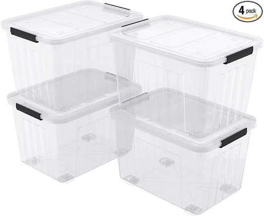 70 Quart Large Storage Bin with Wheels, Clear Plastic Storage Bins with Lids, 4-Pack
