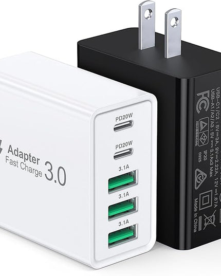 [2-Pack] USB C Wall Charger, 60W USB C Charger Block 5-Port PD Fast Charging Blocks + QC Power Adapter Brick Cube Multiport USB A Plug,Type C Cube for iPhone 17/16/15/14/13/12/Pro,Samsung,for Switch