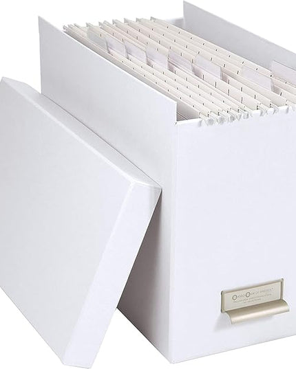 Bigso John Fiberboard Label Frame Desktop File Storage Box - Document Organizer for Important Paperwork - Durable Hanging File Box with a Lid & Metal Label Window - 7.36 x 13.38 x 10.51 in - White