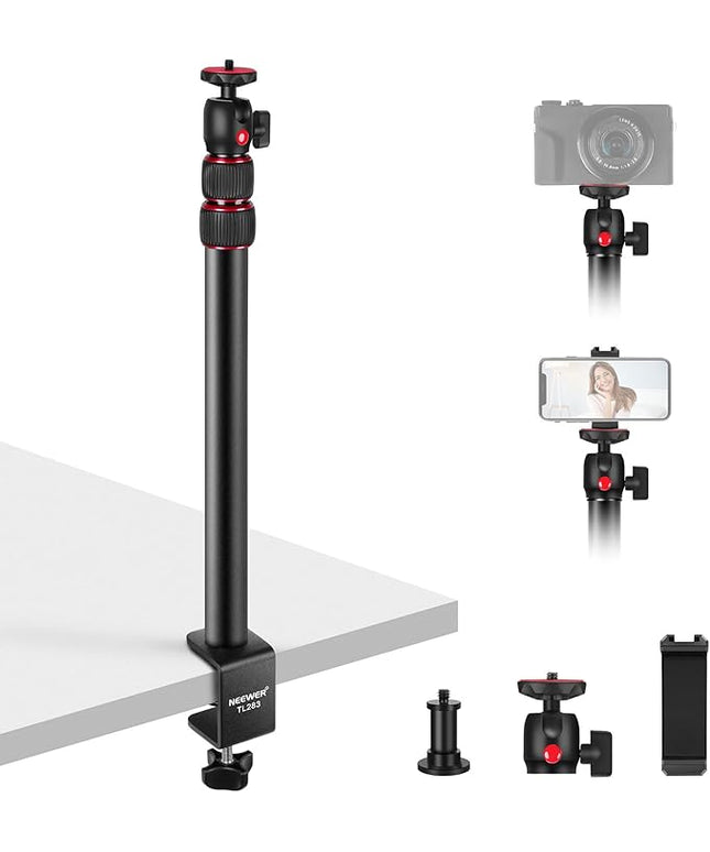 NEEWER Camera Desk Mount with Phone Holder & 360° Ball Head, 17"-40"/43-102cm Telescopic C Clamp Table Light Stand 1/4"Screw, Desktop Stand 6.6lb/3kg Max Load for DSLR Camera, Webcam, Ring Light,TL283