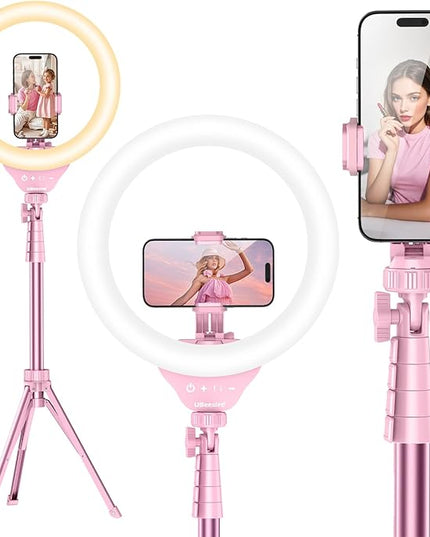 UBeesize 12'' Selfie Ring Light with 62’’ Tripod Stand for Video Recording, Live Streaming(YouTube, Instagram, TIK Tok), Compatible with Phones, Cameras and Webcams Pink