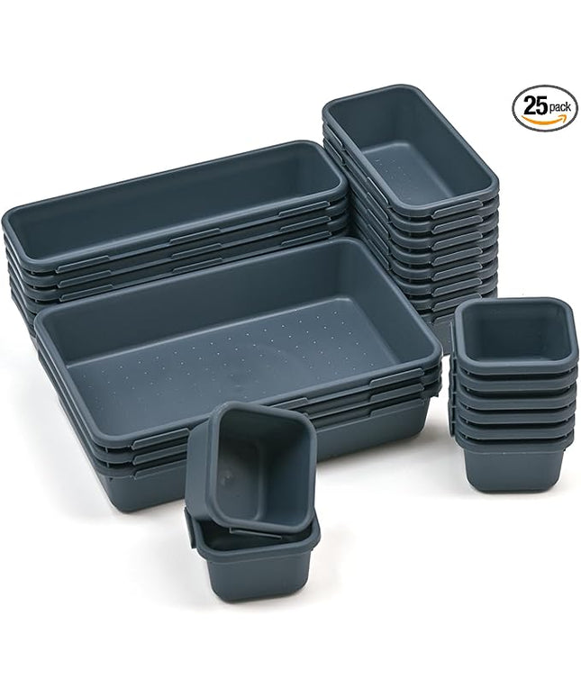 BOPART 25PCS Drawer Organizer Set, Interlockting Desk Drawer Storage Bins Trays for Organizing Cosmetics Jewelries or Gadgets at Office, Bathroom Vanity or Garage Junk Drawer Organization