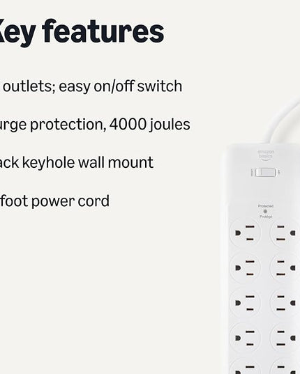 Amazon Basics 12-Outlet Surge Protector Power Strip, 4000 Joules, 8ft Extension Cord, Rectangle, for Home, Office, Gaming Room, White