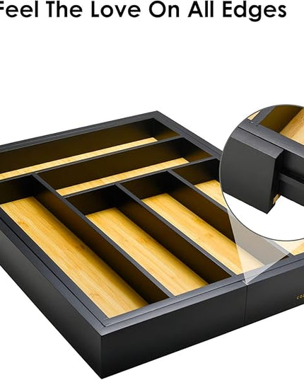 Cozee Bay Bamboo drawer organizer, utensil holder, silverware organizer, and adjustable cutlery tray with drawer dividers, for kitchen, office desk, and bathroom storage (Black)