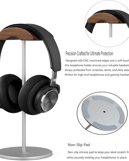 Headphone Stand, Aluminum and Wood Headphone Holder for Over Ear & On Ear Headsets – Heavy Duty Base Gaming Headset Stand with Non-Slip Pad, Desk Organizer for Home Office Studio Use (Silver)