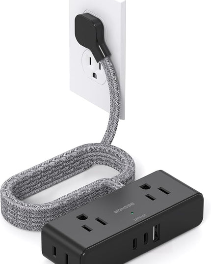 Flat Extension Cord 6 feet, BESHON Flat Plug Power Strip, 4 Widely Outlets with 3 USB Ports (2 USB C), Extension Cord with Multiple Outlets for Home, Office, Dorm Room Essentials, Black