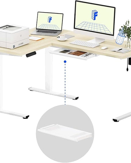FLEXISPOT L Shaped Standing Desk, 63 x 47 Inch Electric Height Adjustable Corner Desk, Sit Stand Computer Workstation, Preset Controller, Home Office, White Frame with Maple Top, White Drawer