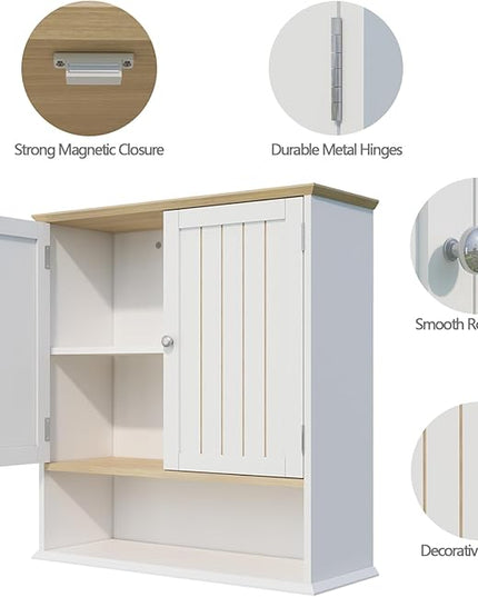Over The Toilet Bathroom Wall Cabinet with 2 Doors & Open Shelf – Space Saving Medicine Cabinet, Wooden Wall Mounted Storage Cupboard for Bathroom Organization White