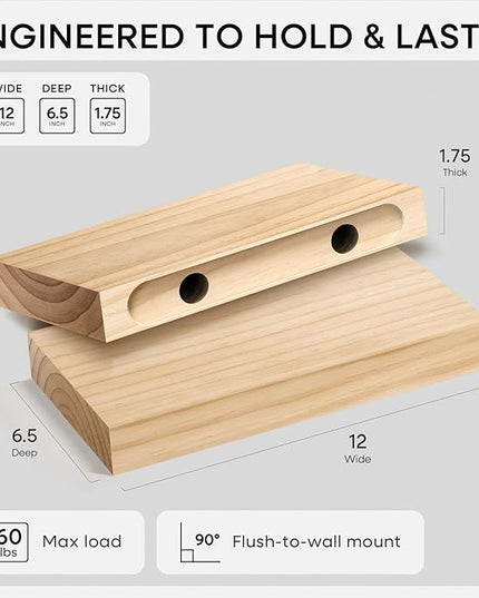 Homeforia 12 inch Natural Floating Shelf, High End Solid Real Wood 12inch Small Floating Shelves for Wall Mounted, Natural Wooden Floating Shelves, Heavy Duty Bracket, 12 X 6.5 X 1.75 in, Set of 2