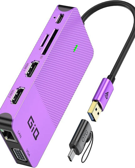 USB Docking Station GIQ USB C HUB USB 3.0 to Dual HDMI VGA Adapter Triple Display USB C Laptop Docking Station Dual Monitor HDMI Splitter Extender Compatible with MacBook M1 M2 USB Dock-Purple