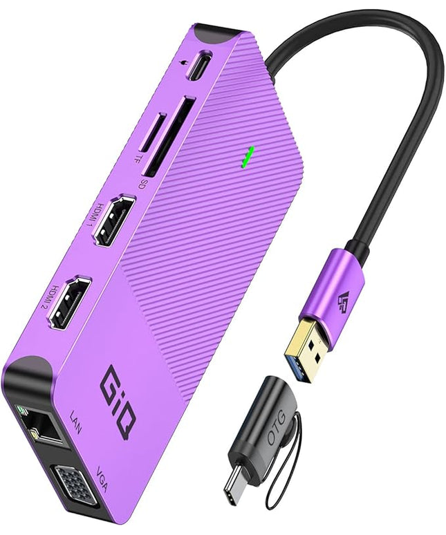 USB Docking Station GIQ USB C HUB USB 3.0 to Dual HDMI VGA Adapter Triple Display USB C Laptop Docking Station Dual Monitor HDMI Splitter Extender Compatible with MacBook M1 M2 USB Dock-Purple