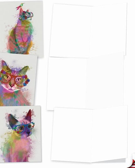 The Best Card Company - Assorted Kittens Watercolor Blank Greeting Box Set - Incl. 10 Unique Design Notecards + Envelopes for Thank You, Invitation - Funky Rainbow Cats AM6199OCB-B1x10
