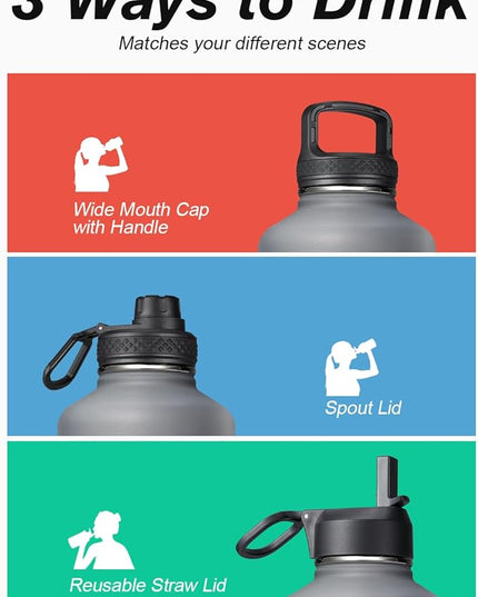64 oz Insulated Water Bottle with Straw & 3 Lids, Coolflask Half Gallon Water Jug Large Metal Stainless Steel Wide Mouth for Sports, Gym or Office, Non-BPA Keep Cold 48H Hot 24H, Knight Grey