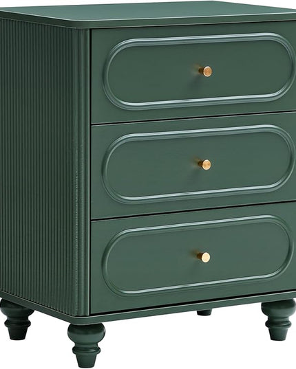3 Drawer Fluted Dresser for Bedroom Set of 2, Mid Century Modern Chest of Drawers, Wood Storage Small Dresser Organizer for Bedroom Living Room Hallway Closet, Green