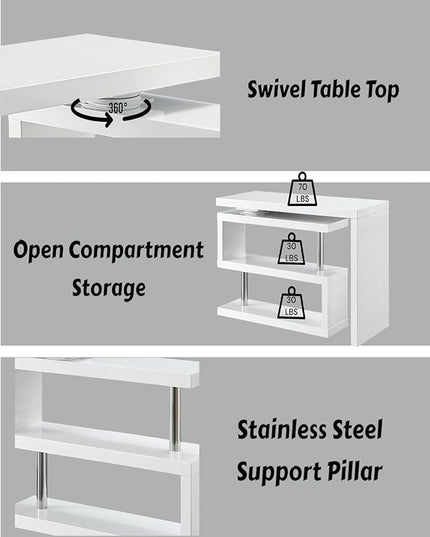 47" Swivel Top Desk with Storage Shelves - 360° Rotating Tabletop Computer Workstation for Home Office - Full Glossy Mirror Finish Space-Saving Corner Writing Table, White
