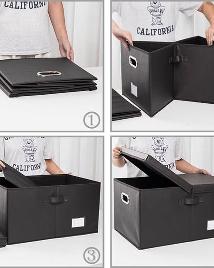 PRANDOM Collapsible Storage Box with Lid [1-Pack] Leather Fabric Foldable Storage Bin Organizer Container Basket Cube with Cover for Home Bedroom Closet Office Nursery Black (22.8X15.7X11.8)