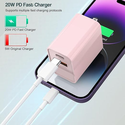 10FT iPhone 17/16e Fast Charger,2Pack 20W Dual Port USB A+C QC Apple Adapter with 10 Foot USB C to C Fast Charging Cable Cord for iPhone 17Air/17Pro/17Pro Max/16/16Pro/15/15Pro/Pro Max/Plus(Blue/Pink)