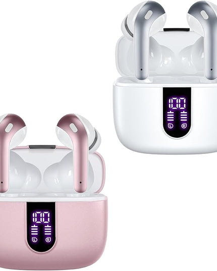 TAGRY 2 Sets X08 Pink and White Bluetooth Headphones True Wireless Earbuds 60H Playback Ear Buds with Wireless Charging Case in-Ear Earbuds with Mic