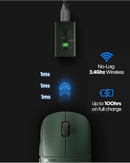 Pulsar Gaming Gears X2H mini Wireless Gaming Mouse, Founder's Edition, Ultra Lightweight 1.83 oz (52 g), Symmetrical, Optical Switch, 2.4 Ghz 1 ms, 26000 DPI, PAW3395 Sensor (Mini, Wireless, Green)