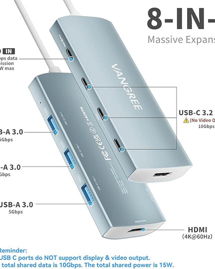 USB C Hub 8 in 1 Multiport Adapter, 3 USB 3.2 Gen 2 Ports with 10Gbps, 3 USB-A 3.0 5Gbps, 4K@60Hz HDMI, 100W PD, USBC Splitter for MacBook Pro, iPad Pro, Mac mini and More(Not Support USB-C Monitor)