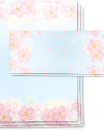 Japanese Cherry Blossom Stationery Paper and Envelopes Set, Made in Japan,15 Sheets, 8 Envelopes (Blue Sky), Elegant Washi Paper for Writing, Crafts,Gift