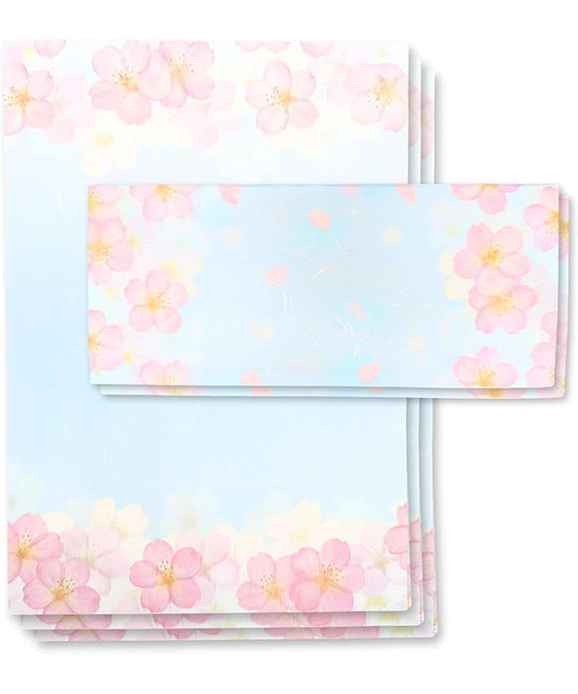 Japanese Cherry Blossom Stationery Paper and Envelopes Set, Made in Japan,15 Sheets, 8 Envelopes (Blue Sky), Elegant Washi Paper for Writing, Crafts,Gift