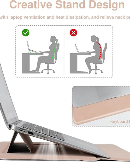 Allinside 13-14 Inch Laptop Sleeve Case for MacBook Pro 14" 2021-2024/MacBook Air 13" 2010-2017/MacBook Pro 13" 2010-2015, Waterproof PU Matte Leather Sleeve with Stand & Accessory Pouch, Pale Pink