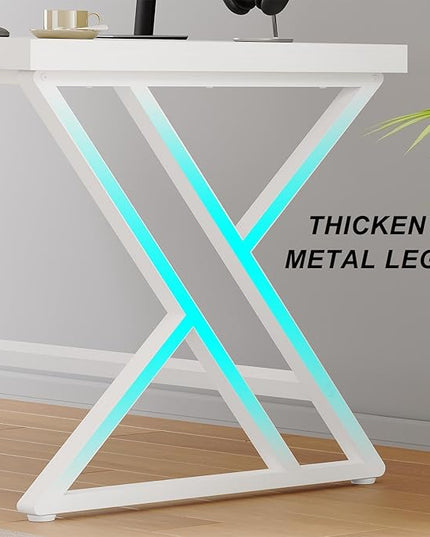 LVB Modern White Computer Desk, Long Industrial Home Office Desk for Student, Large Metal Wood Writing Study Work Desk, Farmhouse Executive Gaming Computer Table for Bedroom Living Room, White, 60 in