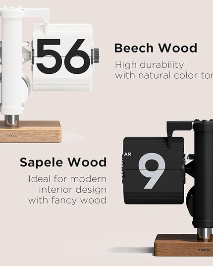 mooas Classic Modern Wood Mini Flip Desk Clock (Black), Retro Vintage Analog Design Auto Flip Clock Table Clock Large Number Battery Powered, Ideal for Home Office School Hotel Café
