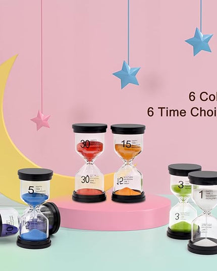 Sand Timer, Hourglass Sand Timers Colorful 1/3/5/10/15/30 Minutes Sandglass Timer with Protective Cover for Classroom Home Office Cooking (Pack of 6) Multicolor