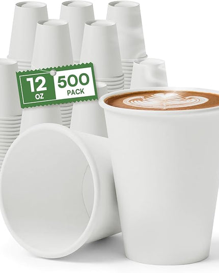 12 oz Coffee Cups Disposable White Paper Cups, 500 Pack BPA Free Leak Proof Hot Cups, 300GSM Thickened Disposable Cups,Unbleached Hot Cold Drink Cups for Everyday Home Office Coffee Bar Party Supplies
