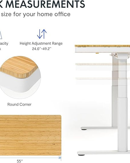 SANODESK Standing Desk with Drawer,Dual Motor 3 Stage Electric Height Adjustable Home Office Desk with Storage & Wireless Charging, 55 inch Bamboo Tabletop/White Frame