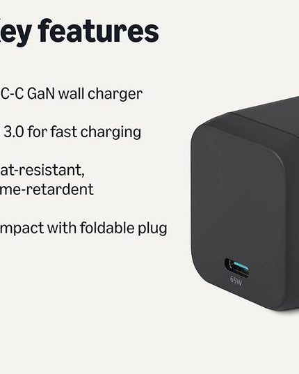 Amazon Basics Fast Charging USB C Nano GaN Wall Charger, 65W 1-Port PD 3.1 for Laptops Tablets Phones, Black