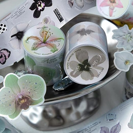 Qojai 2 Rolls Vintage Floral Washi Tape Stickers Matte Silver Die-Cut Plant Flower Washi Tape for Journaling Scrapbook Supplies Pretty Wide Washitape Decorative Tapes for Crafts Scrap Booking Supples