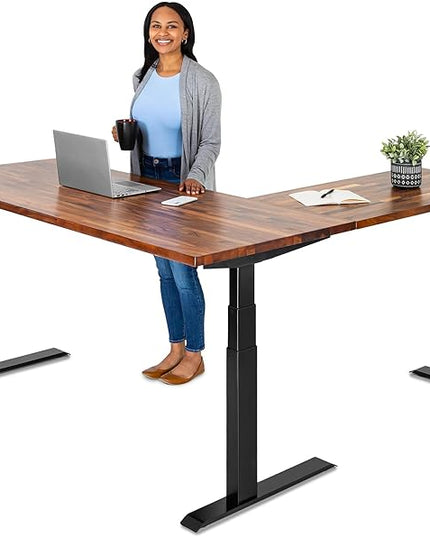 S STAND UP DESK STORE Triple Motor Electric L-Shaped Corner Standing Desk with EZ Assemble Frame (Black Frame/Solid Walnut Top, 71 inch W x 71 inch D)