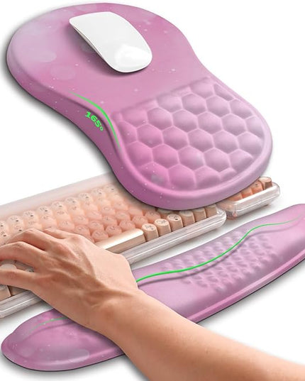Hokafenle 2in1 Combination, Wave Keyboard Wrist Rest and Ergonomic Curvature Mouse Pad Wrist Support for Relieve Wrist Pain, Filled with Soft Cushion Memory Foam, Romantic Pink