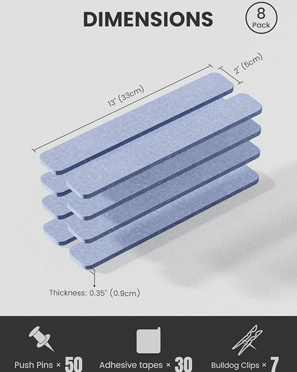 Fluxynara Cork Board Alternative Felt Strip Board 8-Pack 13"x2", Office Pin Board with 50 Push Pins, Adhesive Install for Bedroom Door & Home Office(Soft Periwinkle)