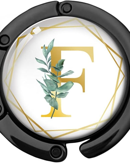 Gold Initial Foldable Purse Hook Gifts, Eucalyptus Letter Handbag Hanger, Women's Bag Hanger Holder, Round Purse Table Hook, Funny Desk Decor Gifts for Women Coworker Friend (Eucalyptus F)