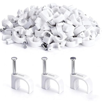 100PCS Cable Staples,10mm Cable Clips White,Cable Wire Clips Nail in Clips for Round Ethernet Cables Wall Clips Cable Tacks Electrical Wire TV Cable Speaker Wire Coax Clips (100Pcs 10mm)