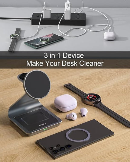 Bonola Wireless Charger for Samsung: Magnetic 3 in 1 Wireless Charging Station for Samsung S25 S24 Ultra S23 S22 S21, Aluminum Alloy Charger Dock Stand for Galaxy Watch Ultra/7/6/5/4, Buds 2/2 Pro