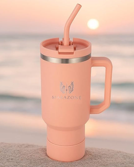 40 oz Insulated Tumbler with Handle and Straw – Double Wall Stainless Steel Vacuum Cup | Car Cup Holder Fit | Hot Cold Travel Mug | BPA Free Reusable Water Bottle Gift for Her (Sunset Pink)