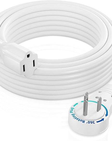 Maximm Extension Cord 25 Ft – 360° Rotating Flat Plug, 3-Prong Grounded, Heavy Duty 14AWG Wire – UL Certified, Indoor Power Cable – Ideal for Long Reach & Tight Spaces – White