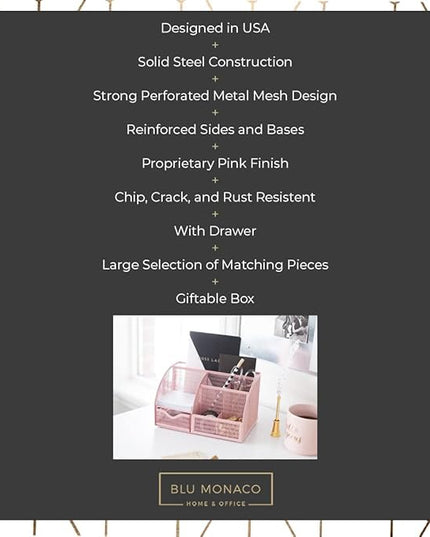 BLU MONACO | Light Pink Desk Organizer | Metal Drawer Desk Organizer with 6 Compartments and 1 Drawer | Cute Office Accessories for Women Home School