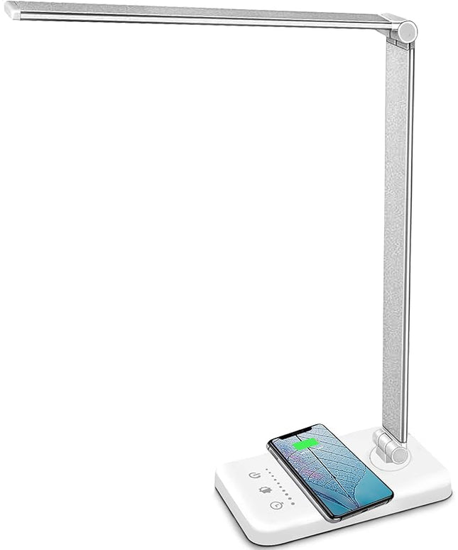 LED Desk Lamp with USB Charging Port, Dimmable Eye-Caring Table Lamps with Wireless Charger, 5 Brightness Levels & 5 Lighting Modes, Touch Control, Auto Timer