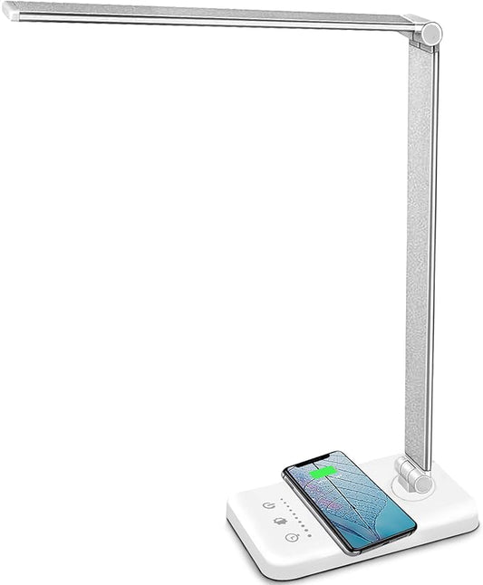 LED Desk Lamp with USB Charging Port, Dimmable Eye-Caring Table Lamps with Wireless Charger, 5 Brightness Levels & 5 Lighting Modes, Touch Control, Auto Timer