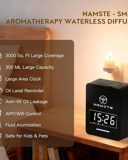 Namste Smart Waterless Diffuser HVAC Scent Machine with Clock & Bluetooth Control 3000 Sq.Ft - Essential Oil Level Monitoring 300ML Diffusers Cold Air Tech for Large Room Home Office Aromatherapy