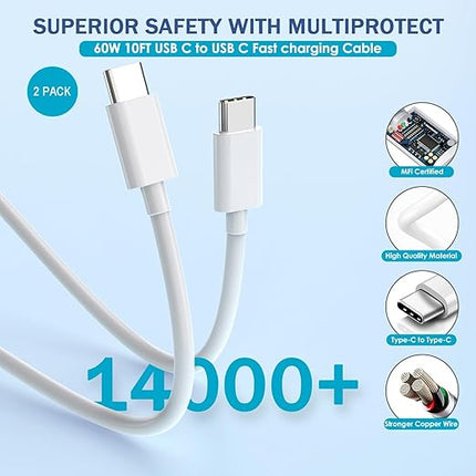 10 Foot Fast iPhone Charging Cable,2Pack 20W Dual Port USB C+A Wall Charger Block with 10FT Type C-C Charging Cable Apple Adapter for iPhone 17/17 Air/17 Pro/16/16e/16 Pro Max/15 Pro/iPad(Purple/Blue)