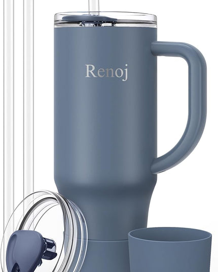 Renoj Tumbler with Handle 100% Spill Resistant Insulated Water Bottle for Iced Coffee & Hot Drinks - Fits Car Cup Holder, Ideal Gift, 2 Straws & Silicone Boot BPA-Free - FlexSlide Navy Blue 40 oz