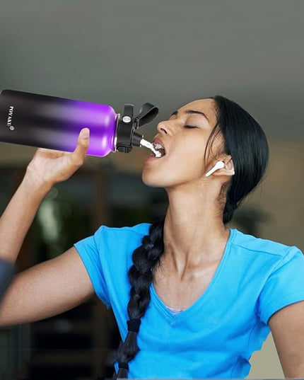 Water Bottle Insulated 32oz 40oz 64oz 128oz Straw Lid Spout Lid & 3 Lids, Leak Proof, Vacuum Insulated,Stainless Steel Water Bottle Wide Mouth for Sports, Gym or Office