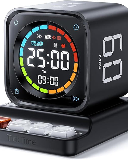 TK3 Pomodoro Timer Cube, Desk Productivity Timer with 5/10/30/60 Min Presets, Custom Countdown, Stopwatch, Clock, 3 Alarm, Silent, Vibrate & Sound Alert, for Task, ADHD, Study, Kitchen, Black